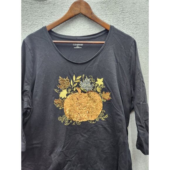 Jack o lantern Black 3/4 Sleeve Womens Top With Sequin Autumn Harvest Design By - Picture 2 of 7